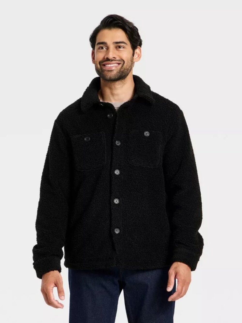 NWT Men's Goodfellow L 42/44 Black High Pile Fleece Full Button Jacket